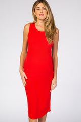 Red Ribbed Sleeveless Maternity Midi Dress
