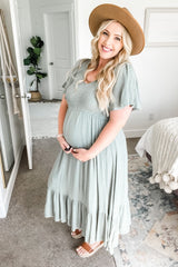 Light Olive Smocked V-Neck Maternity Midi Dress