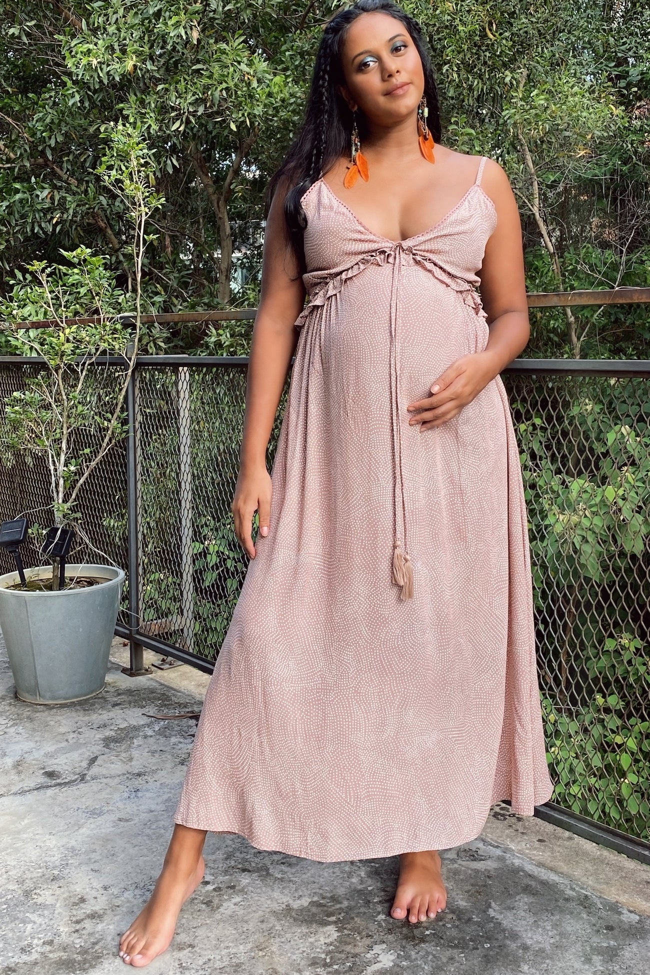 Light Mocha Dot Print V-Neck Maternity Midi Dress