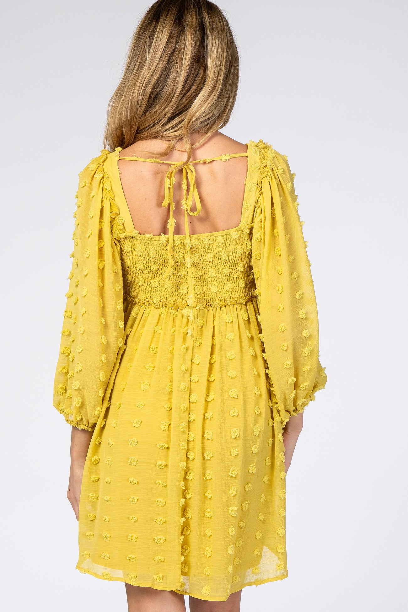 Yellow Textured Dot Smocked Square Neck Chiffon Maternity Dress