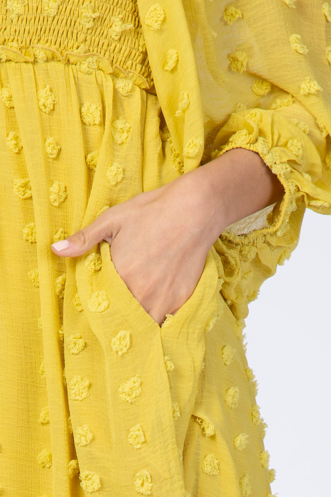 Yellow Textured Dot Smocked Square Neck Chiffon Dress