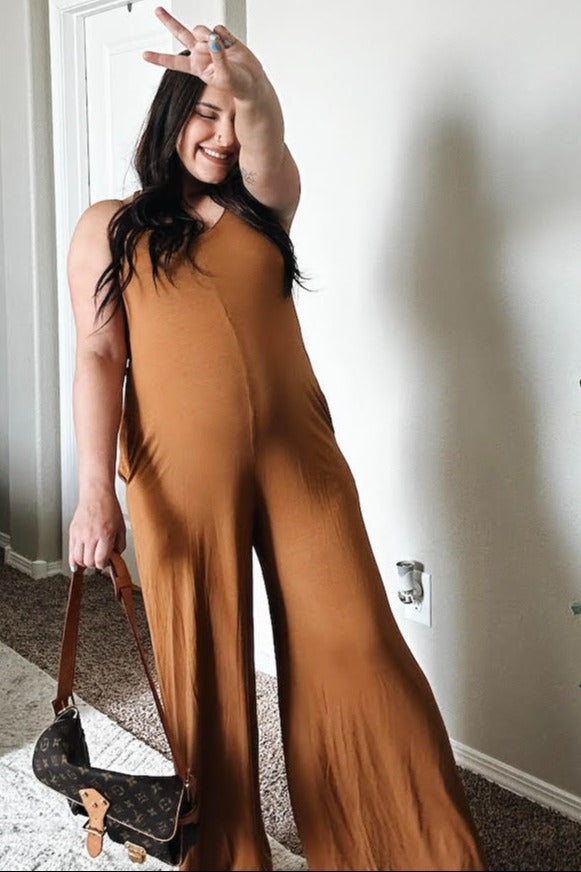 Camel Cross Back Wide Leg Maternity Jumpsuit