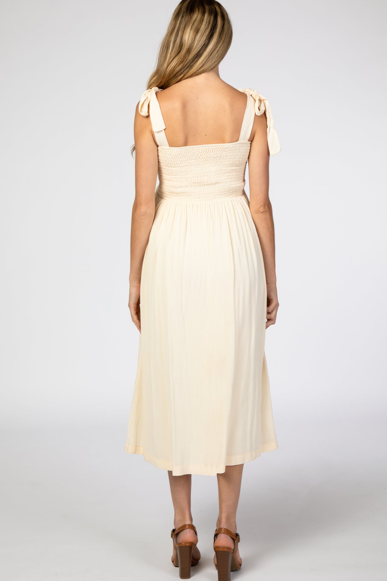 Beige Smocked Tie Strap Maternity Midi Dress