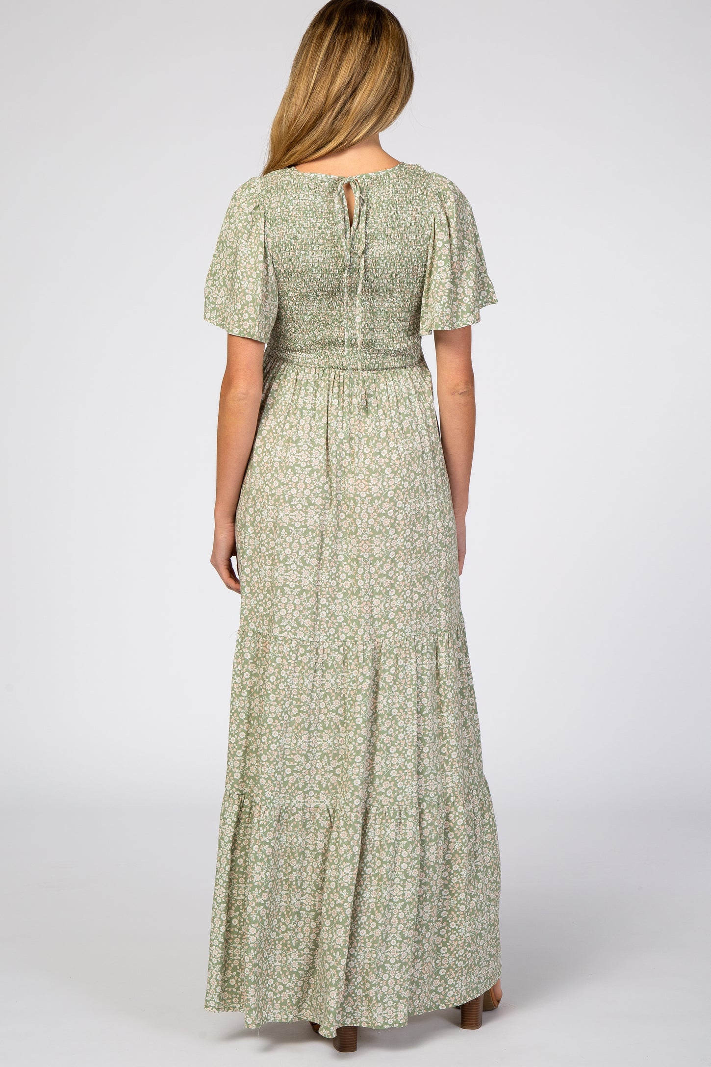 Light Olive Floral Smocked Front Pleated Hem Maternity Maxi Dress