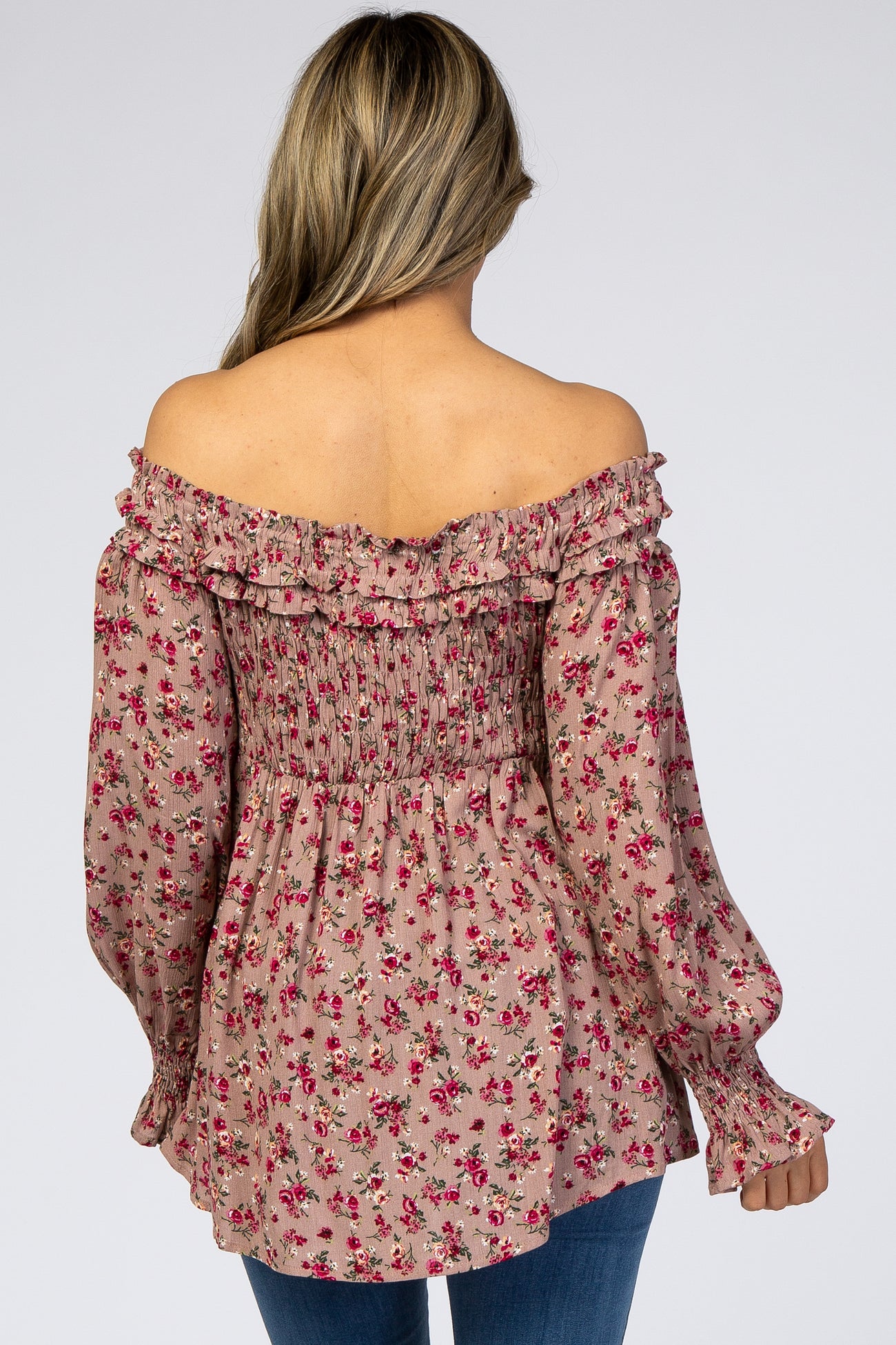Mauve Floral Off Shoulder Long Sleeve Top