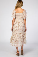 Ivory Floral Chiffon Smocked Front Lace Trim Maternity Midi Dress