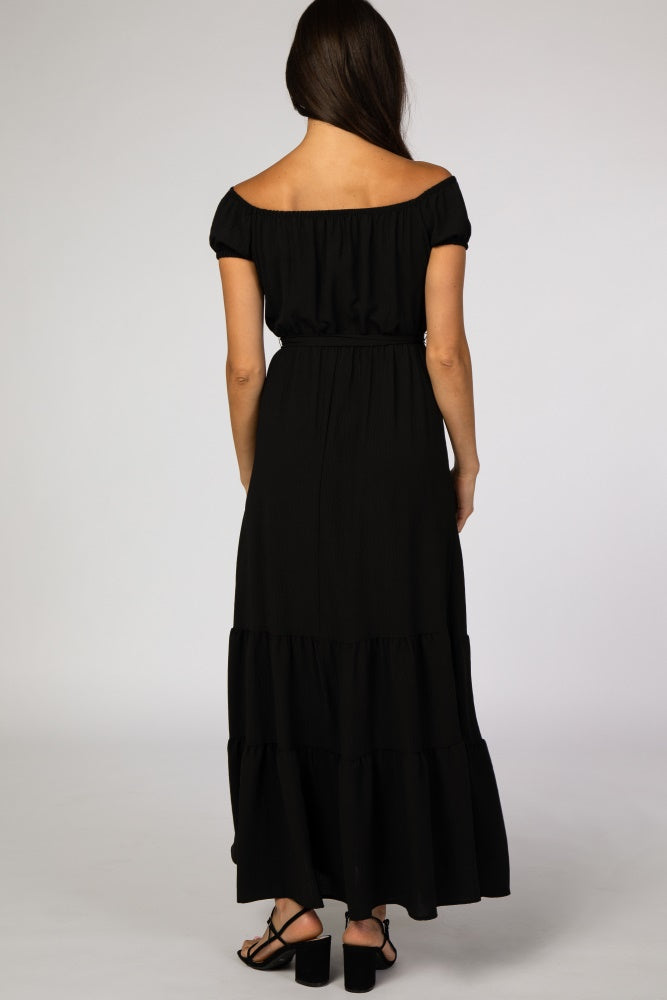 Black Off Shoulder Ruffle Hem Maxi Dress