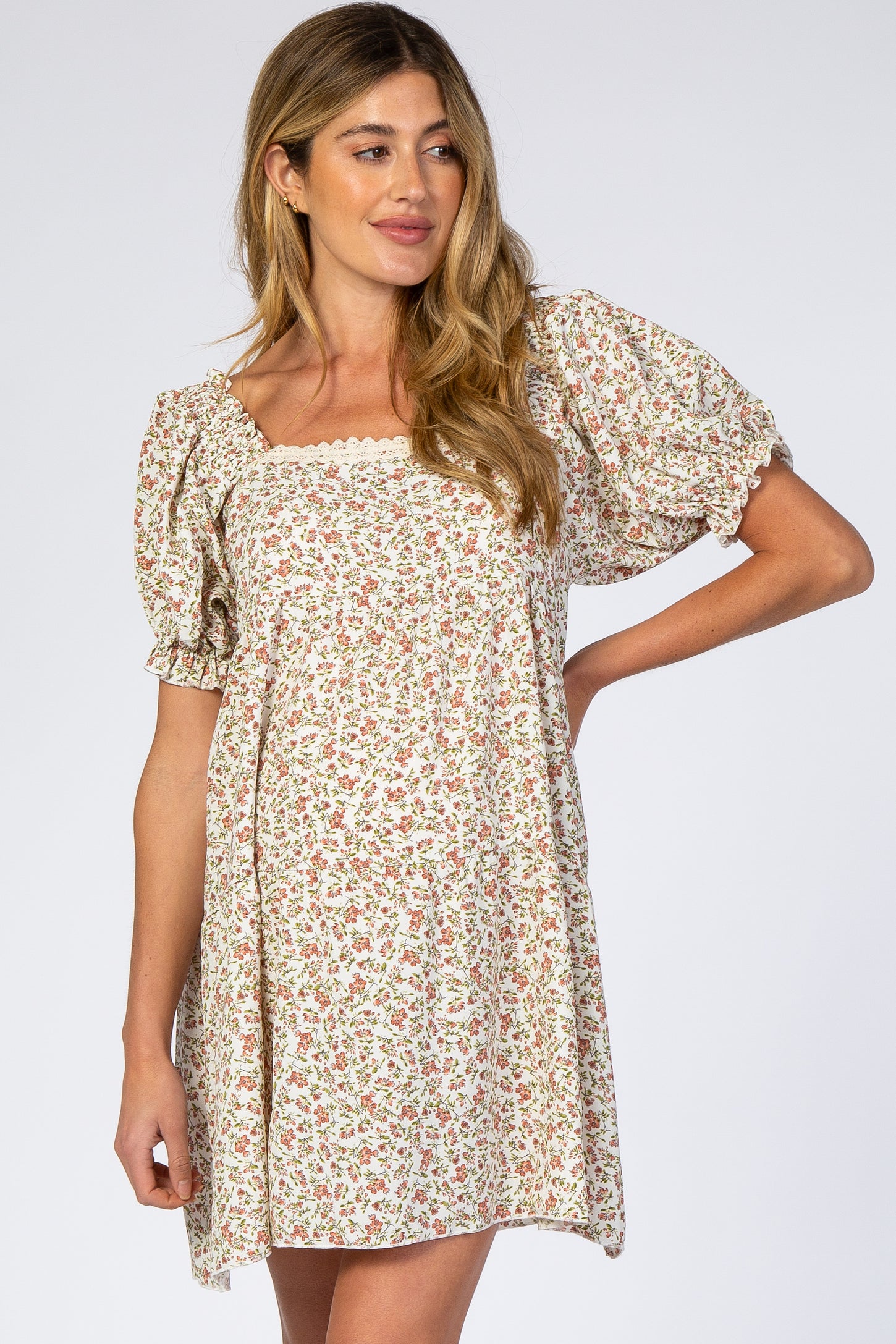 Cream Floral Lace Trim Square Neck Maternity Dress