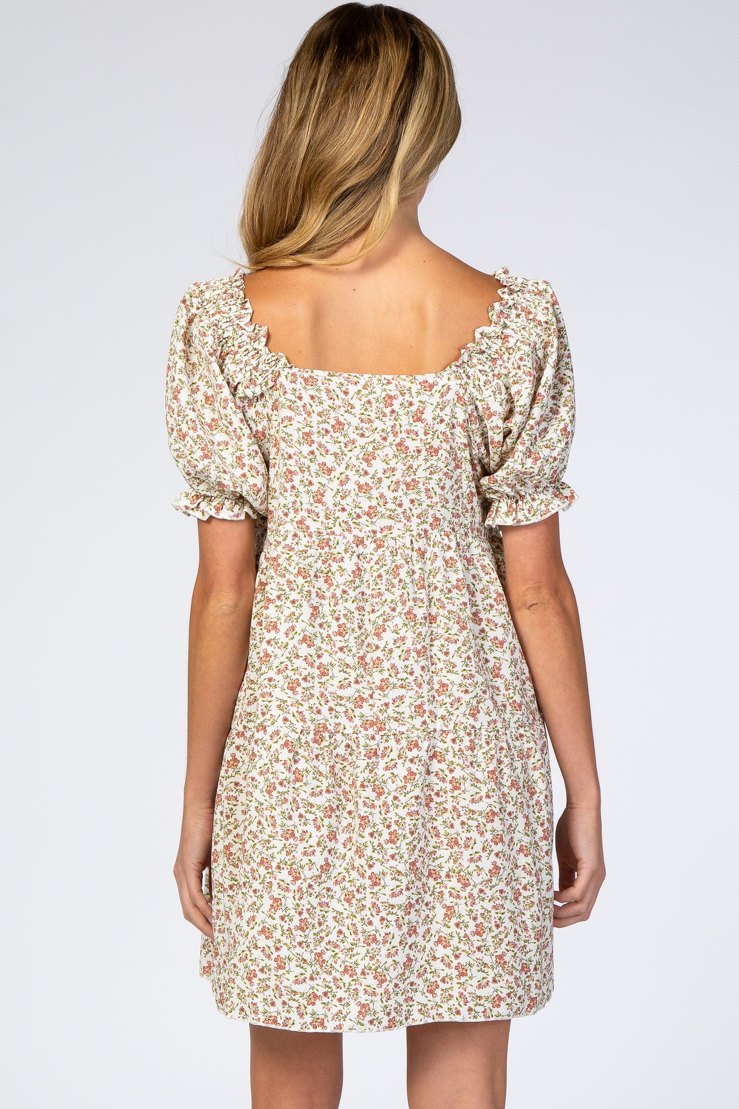 Cream Floral Lace Trim Square Neck Maternity Dress