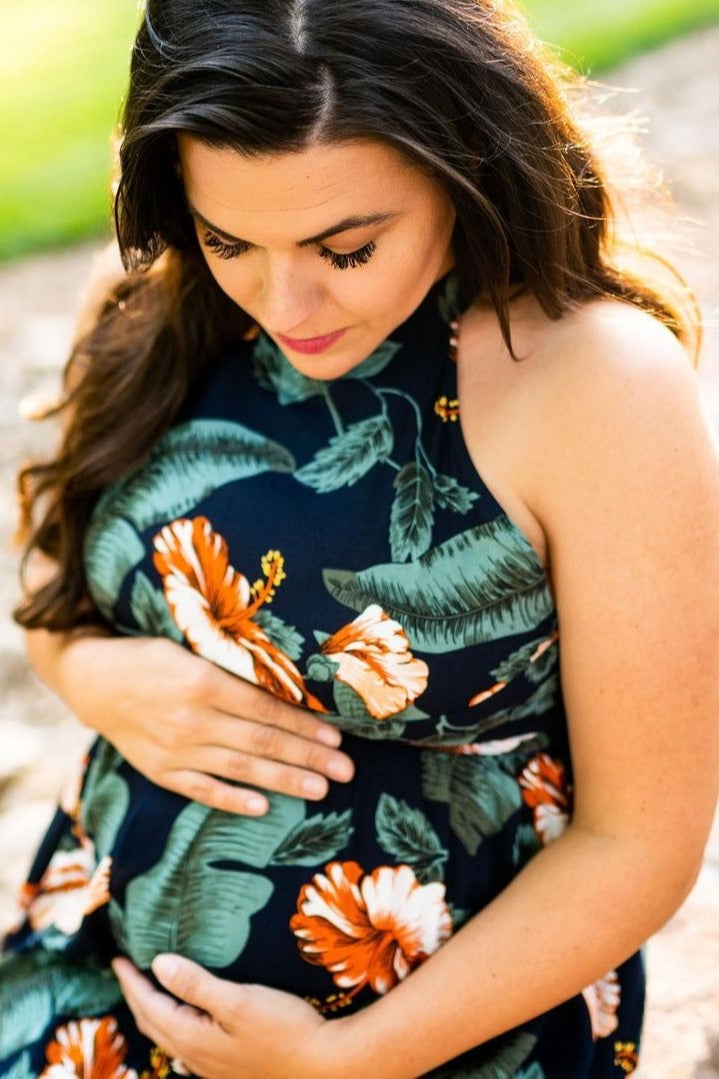 Navy Blue Palm Print Cross Back Maternity Maxi Dress