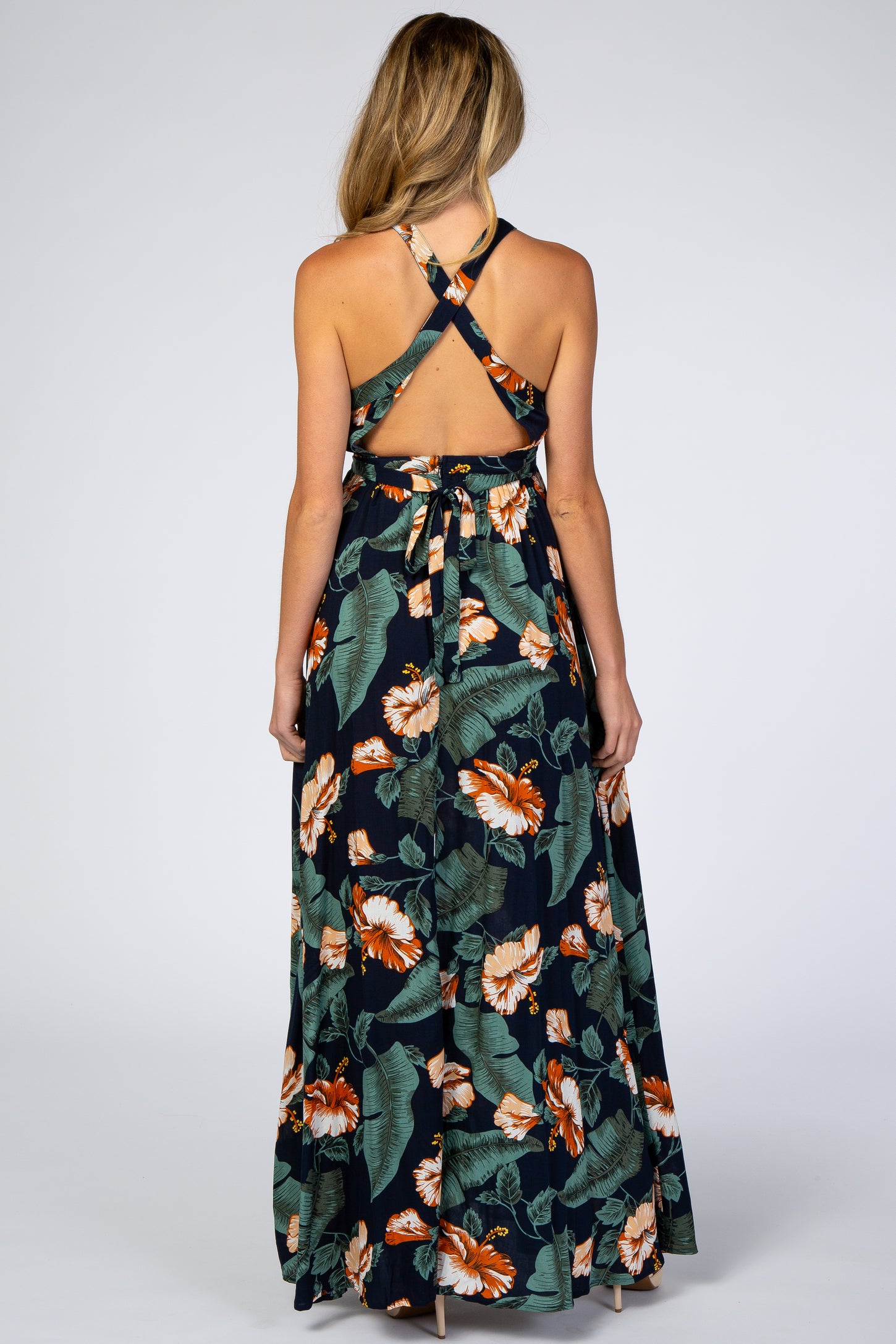 Navy Blue Palm Print Cross Back Maternity Maxi Dress