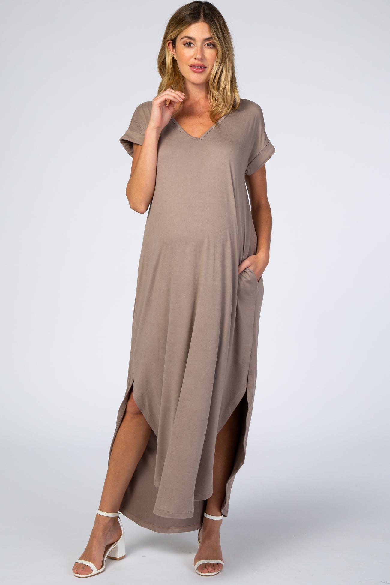 Taupe Side Slit Maternity Maxi Dress