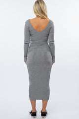 Heather Grey  V-Neck Long Sleeve Fitted Maternity Maxi Dress