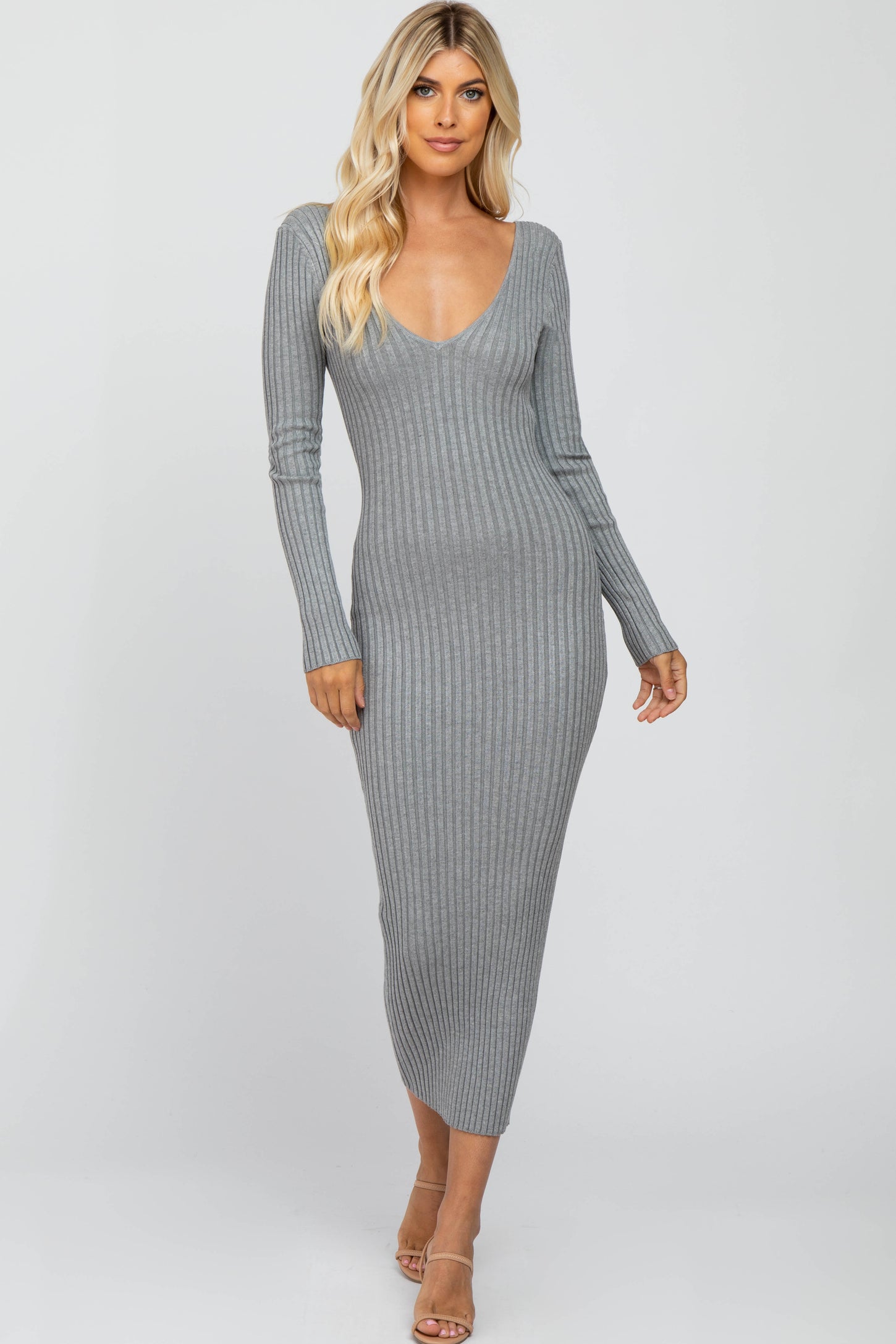 Heather Grey  V-Neck Long Sleeve Fitted Maternity Maxi Dress