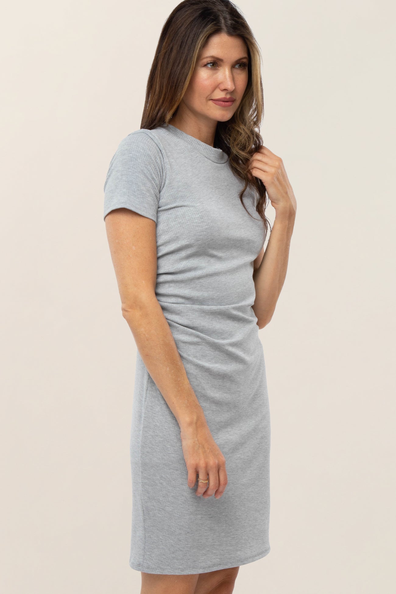 Grey Ribbed Ruched Side Fitted Short Sleeve Dress