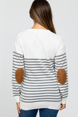 Heather Grey Striped Elbow Patch Knit Maternity Sweater
