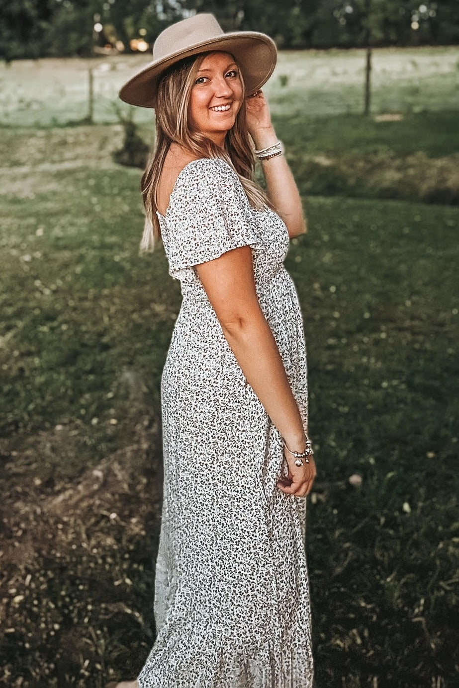 Ivory Floral Smocked Maxi Dress