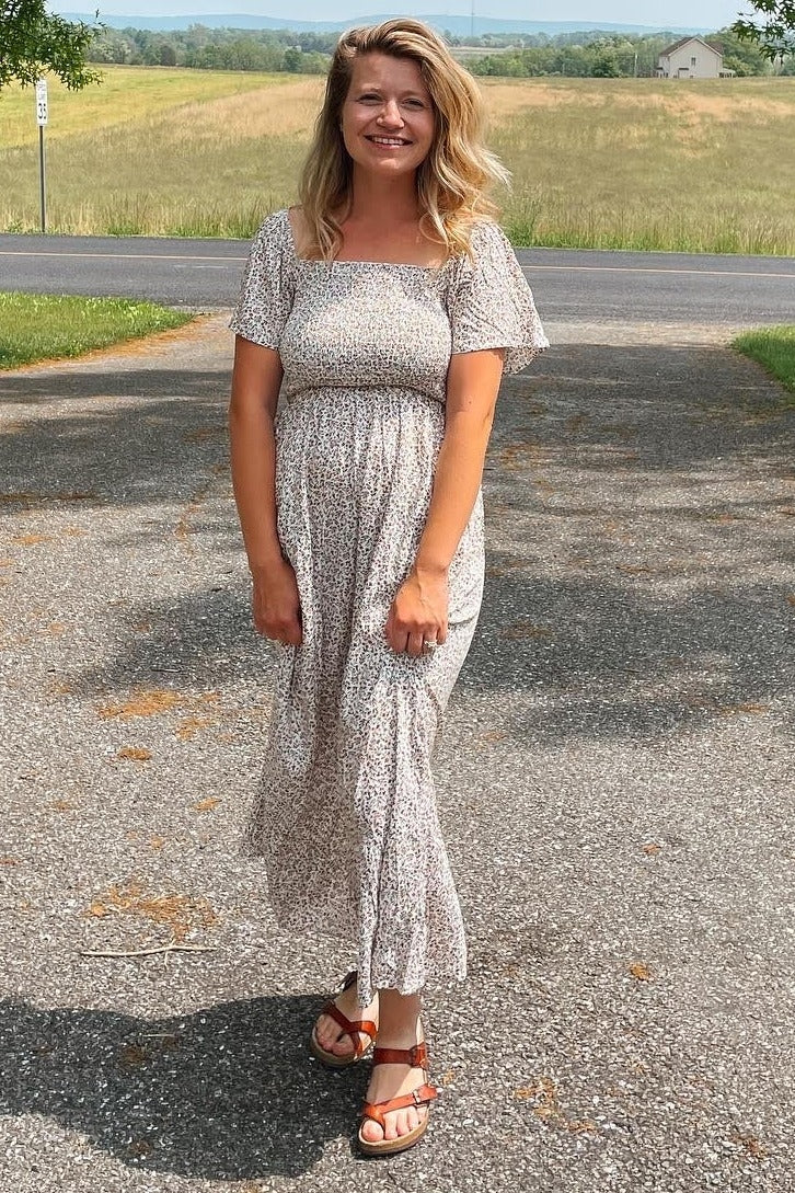 Ivory Floral Smocked Maxi Dress