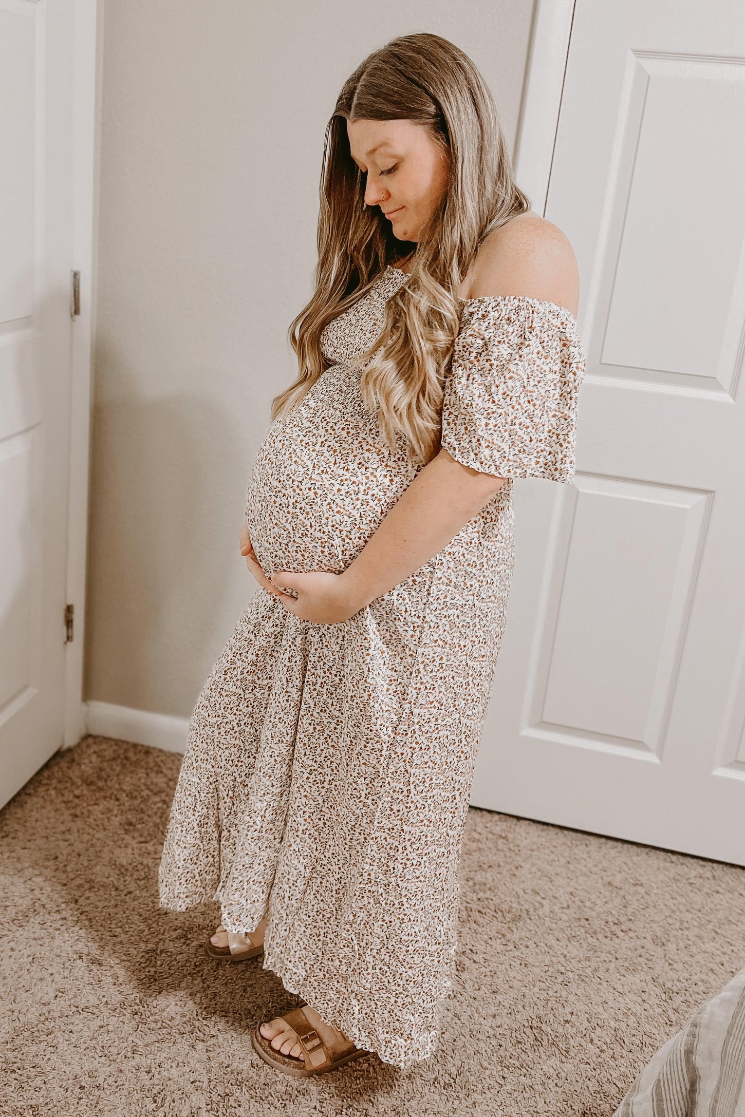 Ivory Floral Smocked Maternity Maxi Dress