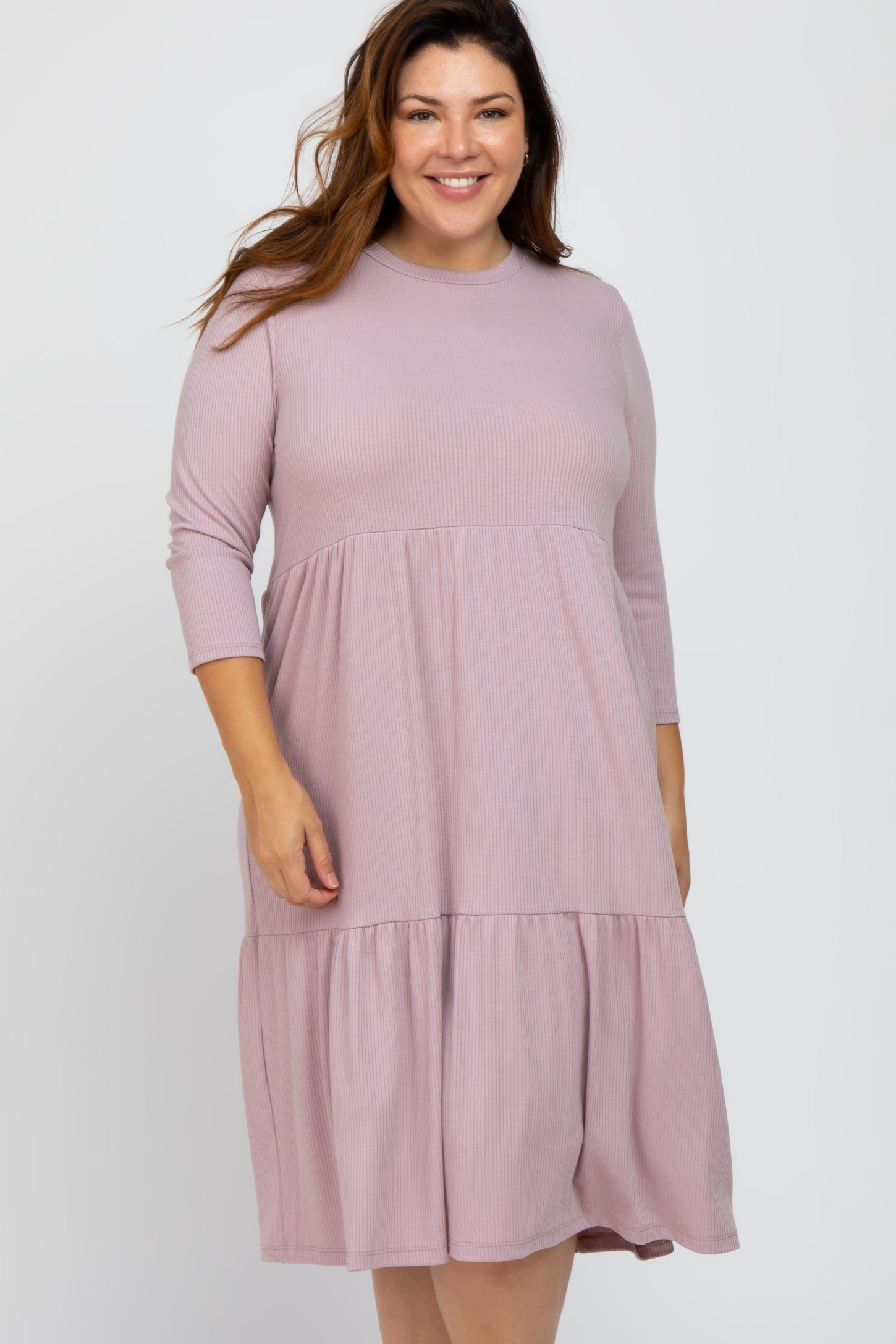 Lavender Tiered Ribbed 3/4 Sleeve Plus Midi Dress