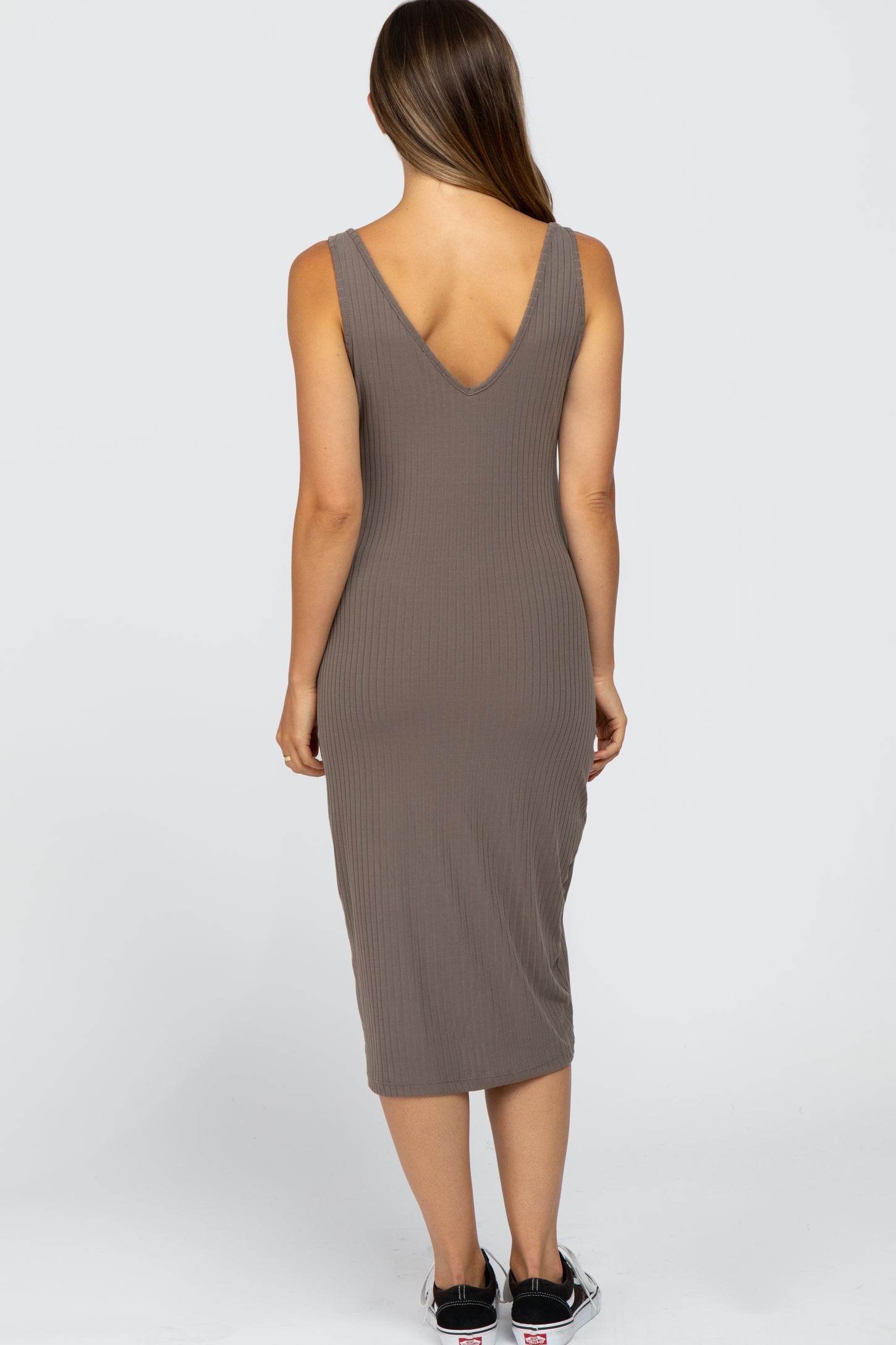 Taupe Sleeveless Ribbed Knit Fitted Maternity Dress