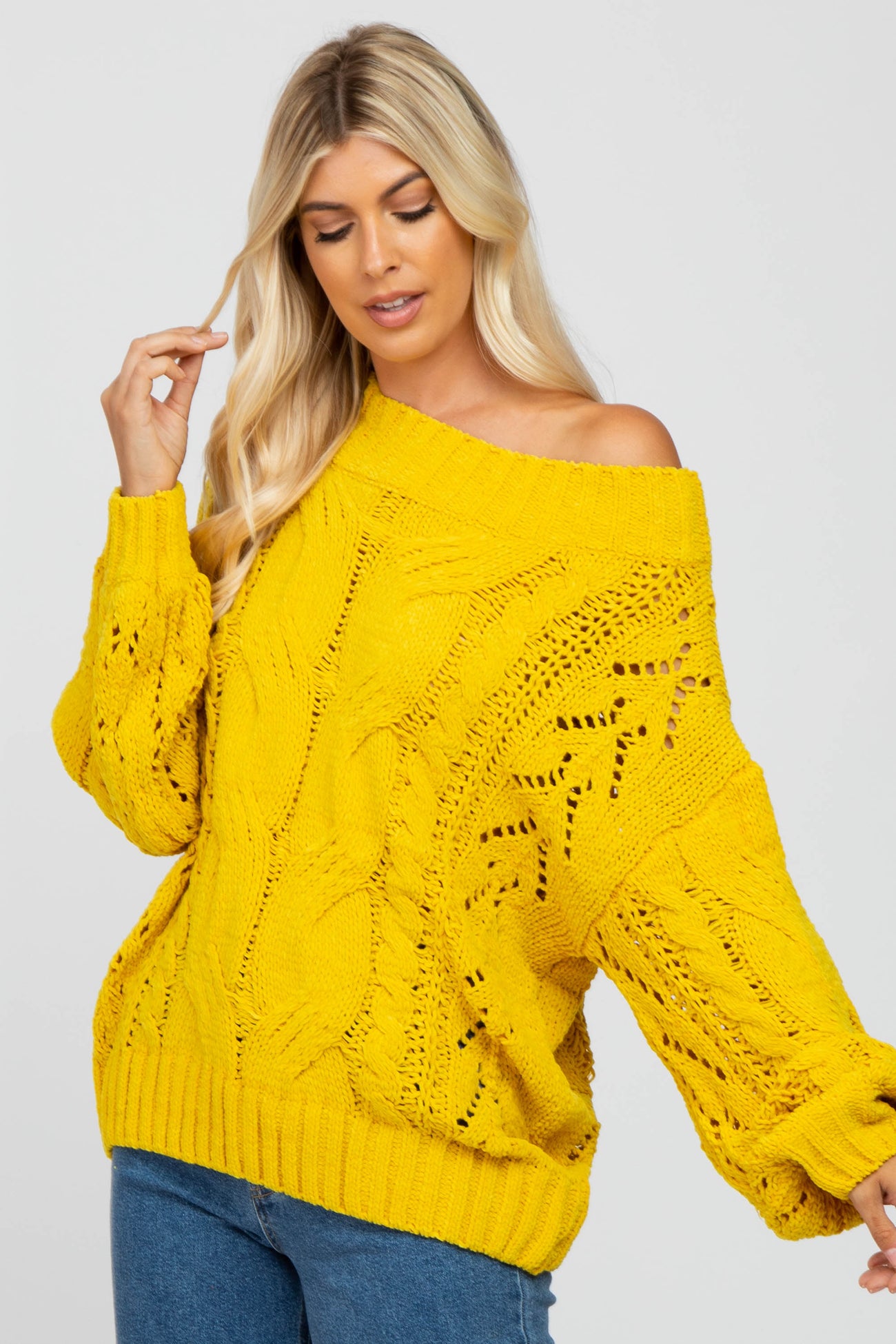 Yellow Cable Knit Off Shoulder Bubble Sleeve Sweater