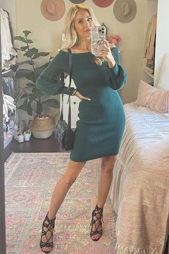 Forest Green Off Shoulder Bubble Sleeve Sweater Dress