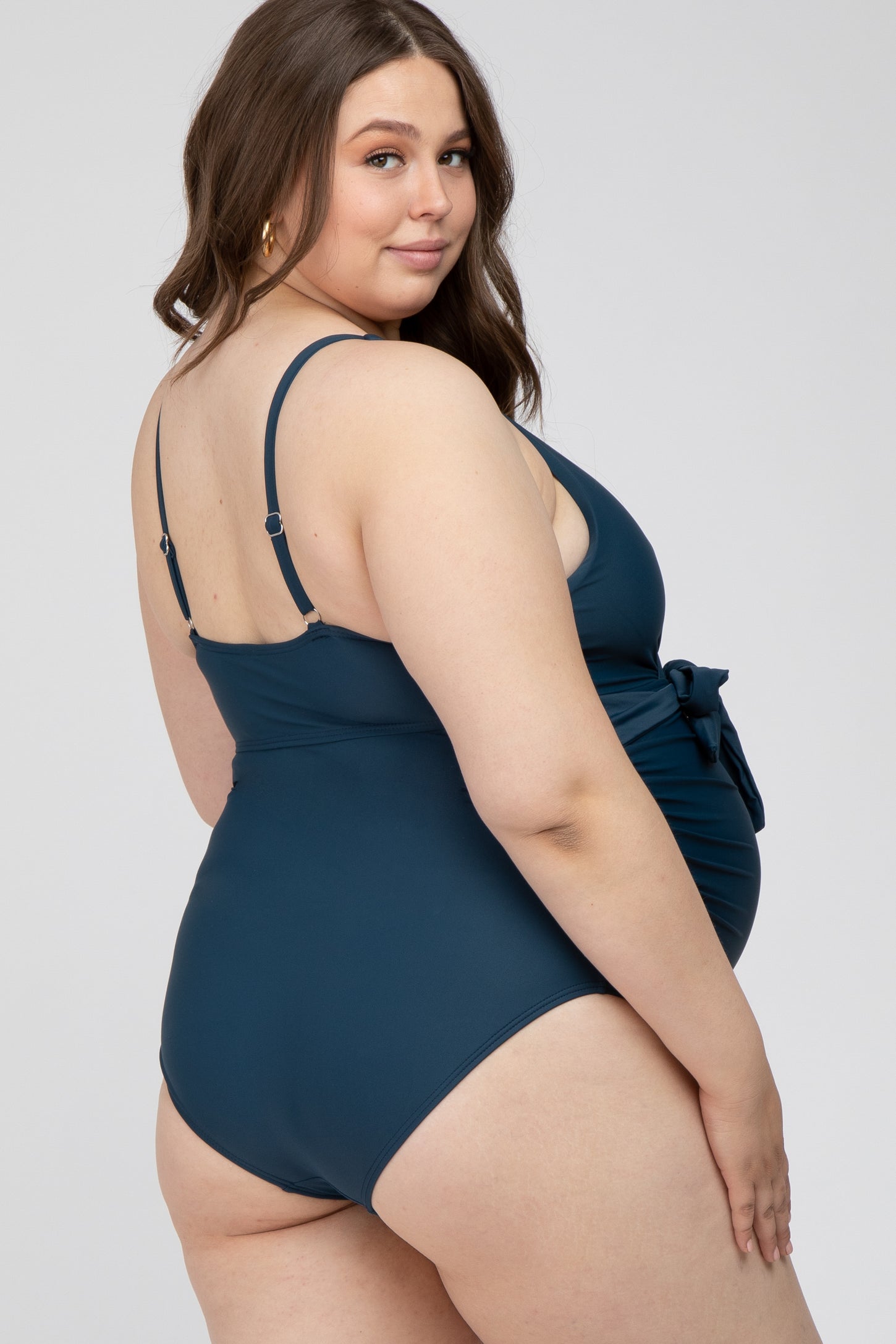 Navy Blue Waist Tie Maternity Plus One-Piece Swimsuit