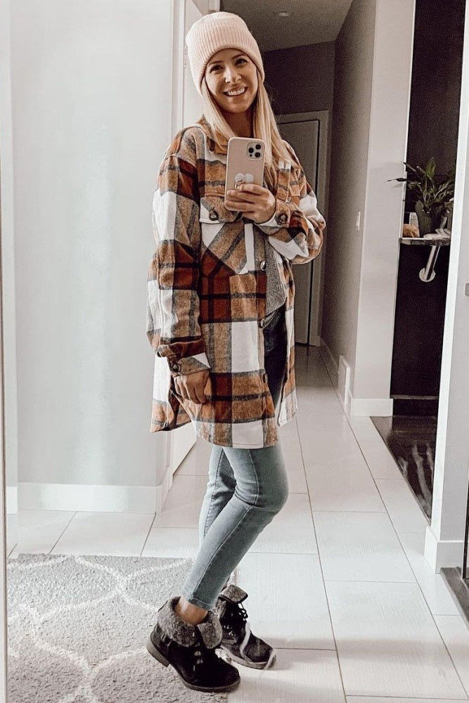 Mocha Plaid Button Down Maternity Over Shirt