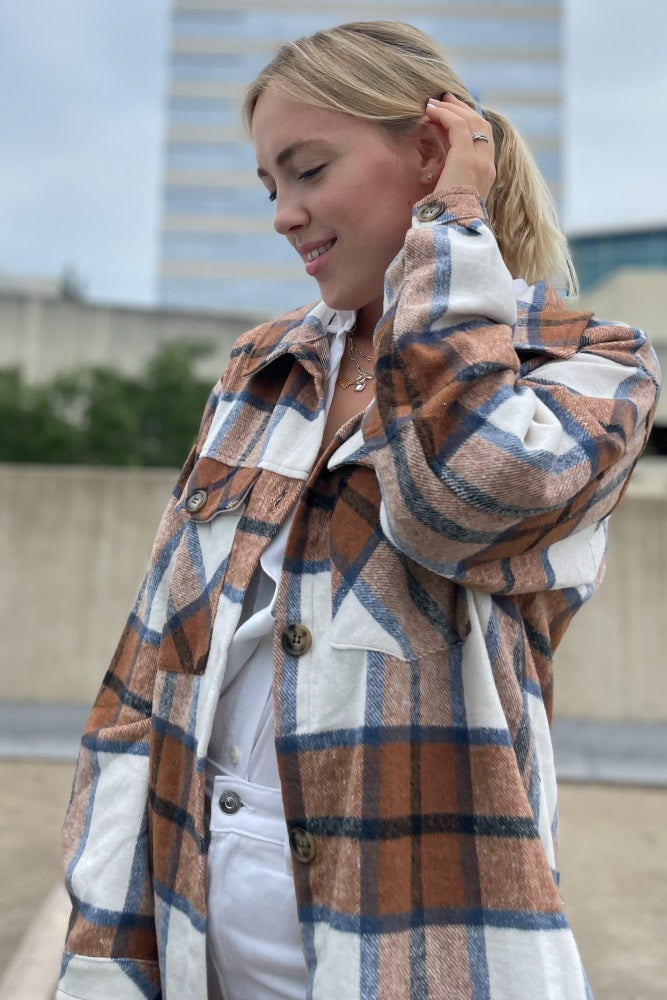 Mocha Plaid Button Down Maternity Over Shirt