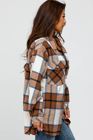 Mocha Plaid Button Down Maternity Over Shirt