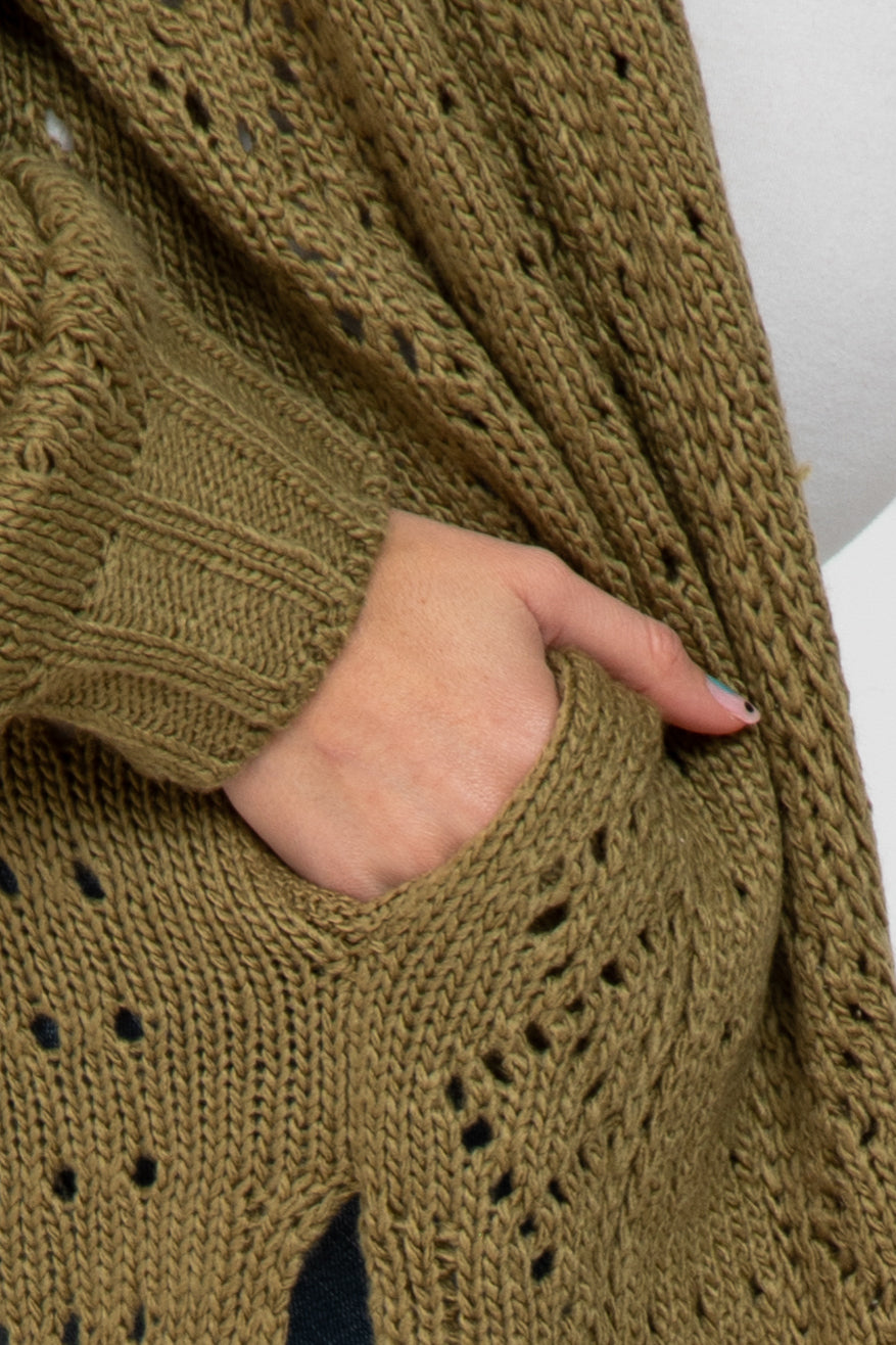 close up of a hand in the pocket of an olive green chunky knit cardigan with pointelle stitch details