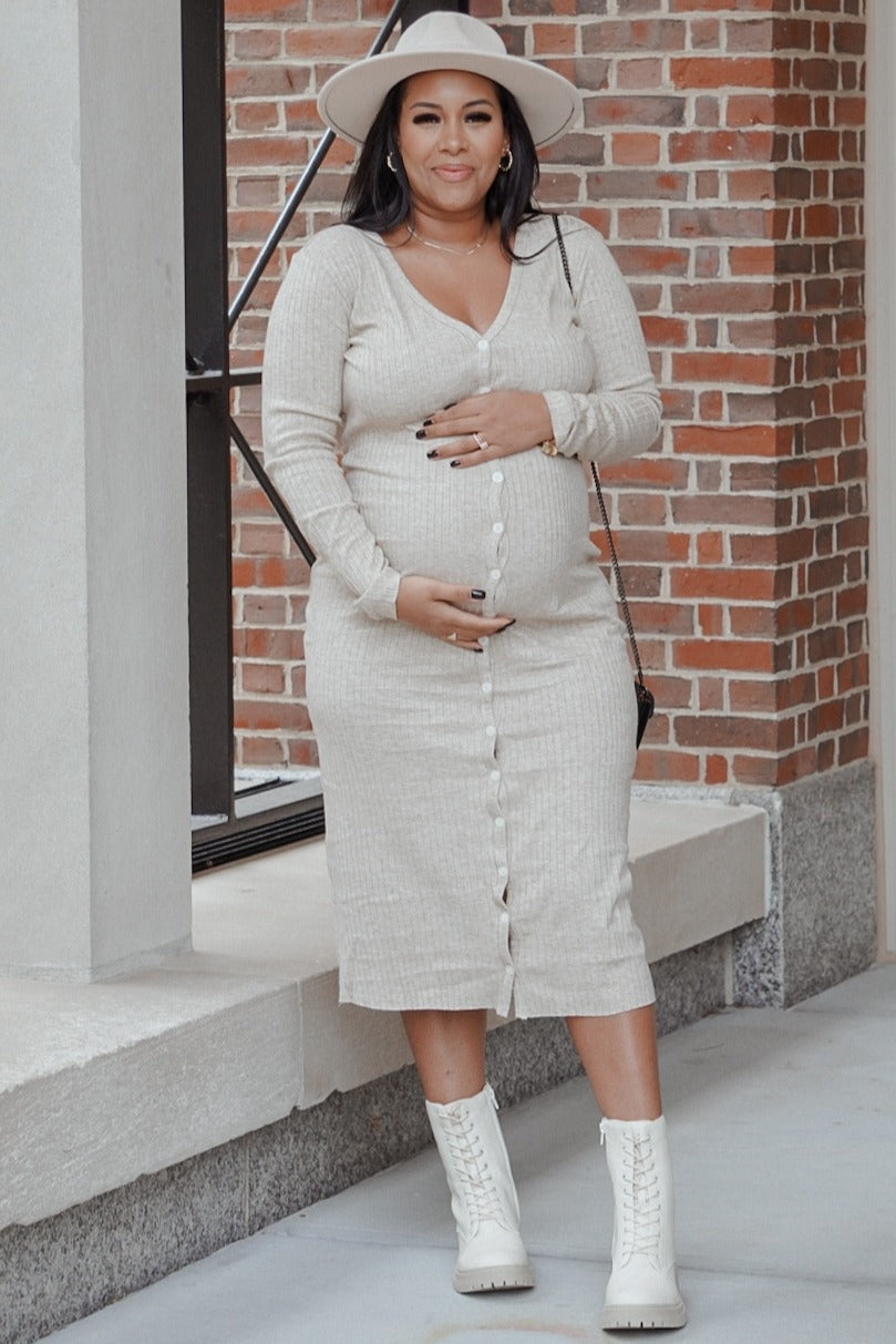 Beige Ribbed Button Front Midi Cardigan Maternity Dress