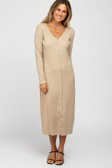 Beige Ribbed Button Front Midi Cardigan Dress
