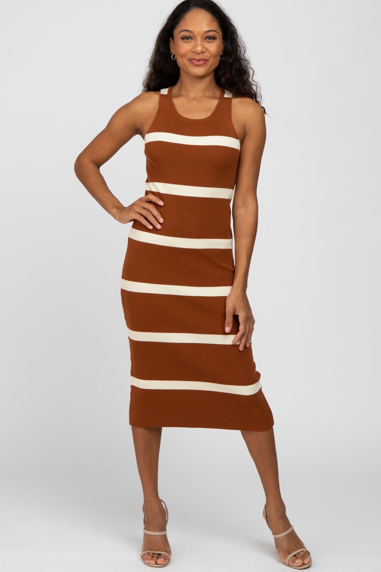 Rust Striped Sleeveless Sweater Maternity Midi Dress