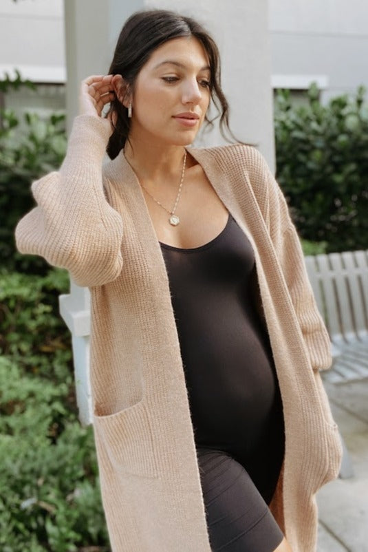 Taupe Bubble Sleeve Long Maternity Cardigan