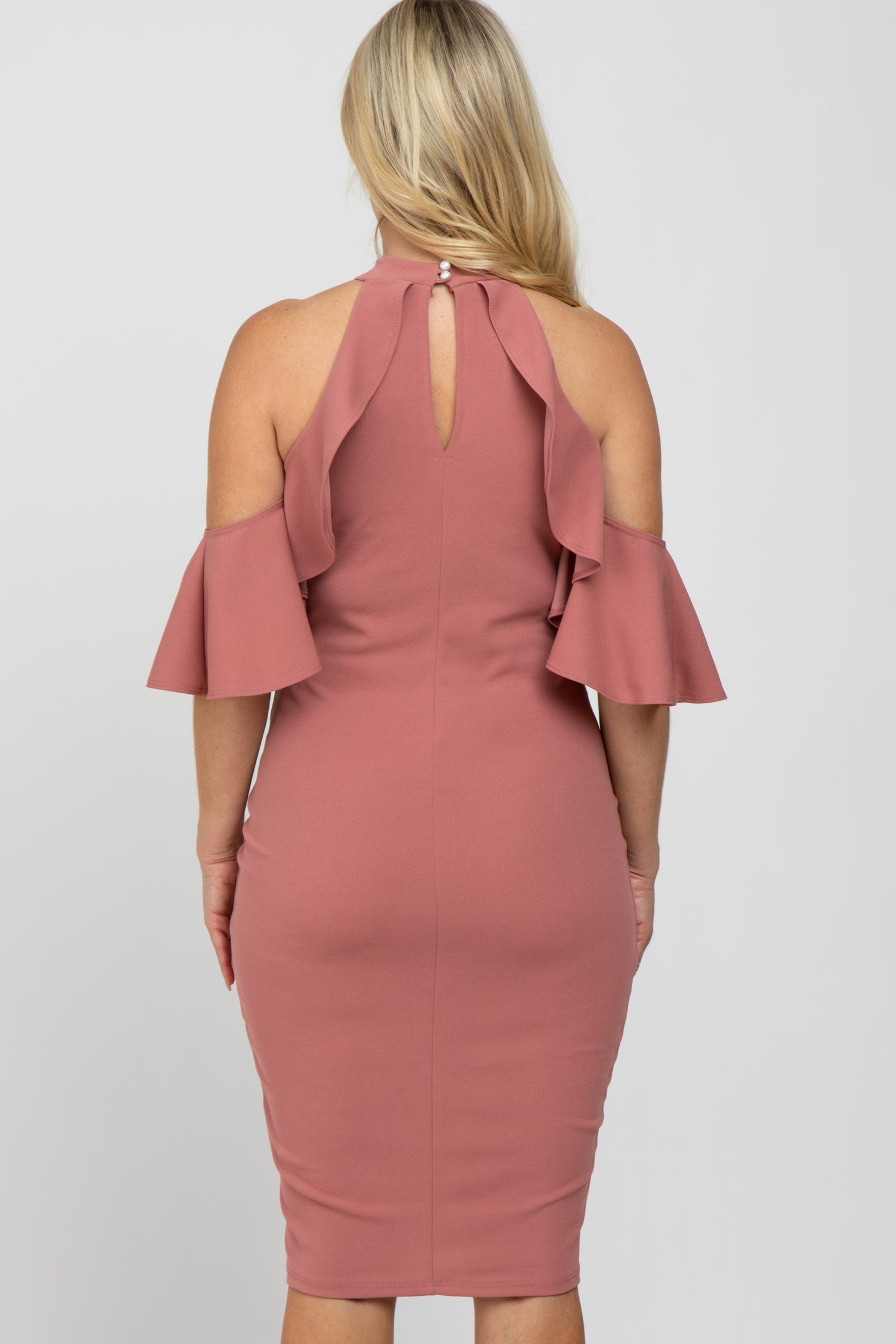 Mauve Mock Neck Ruffle Trim Fitted Maternity Dress