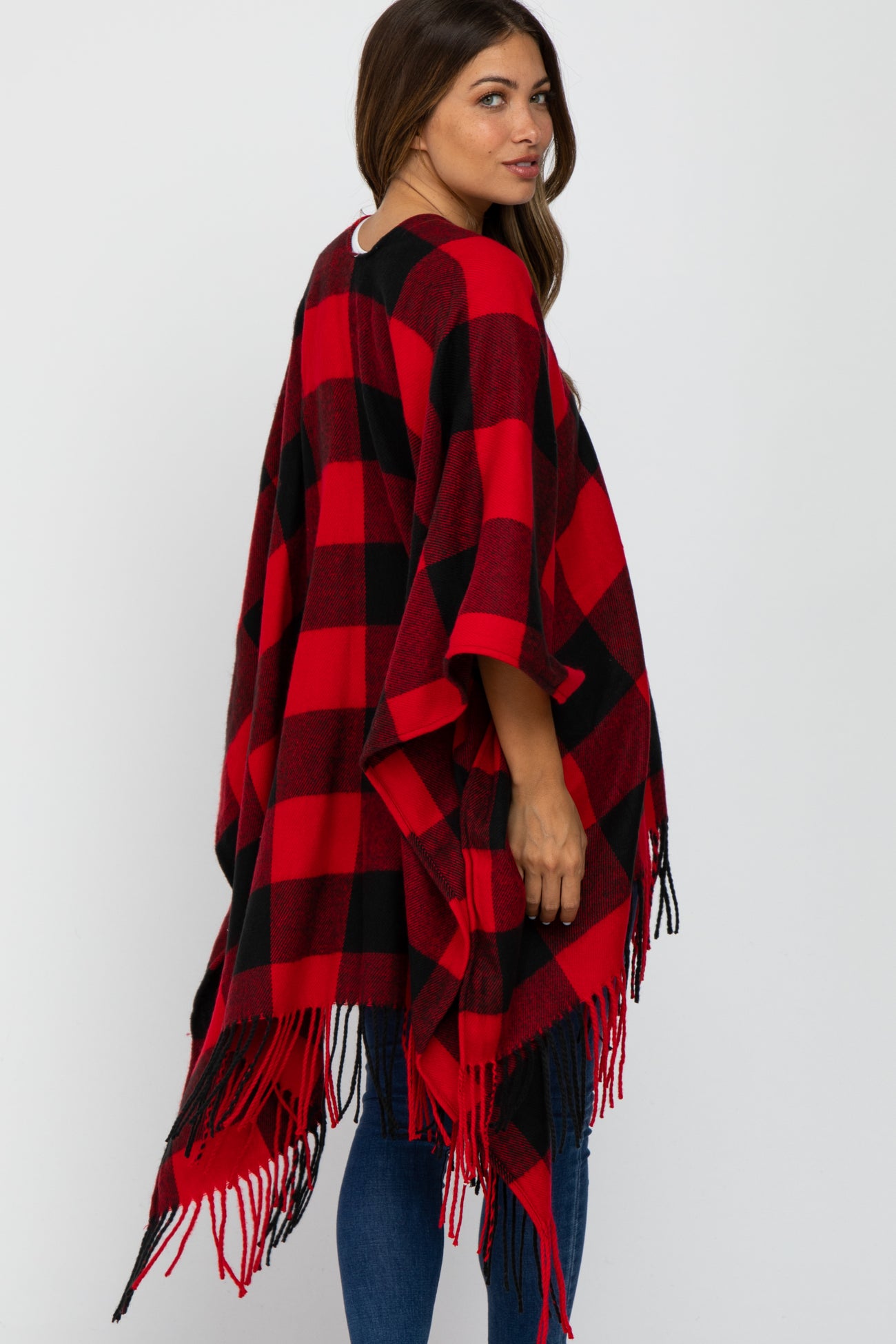 Red Plaid Fringe Maternity Poncho