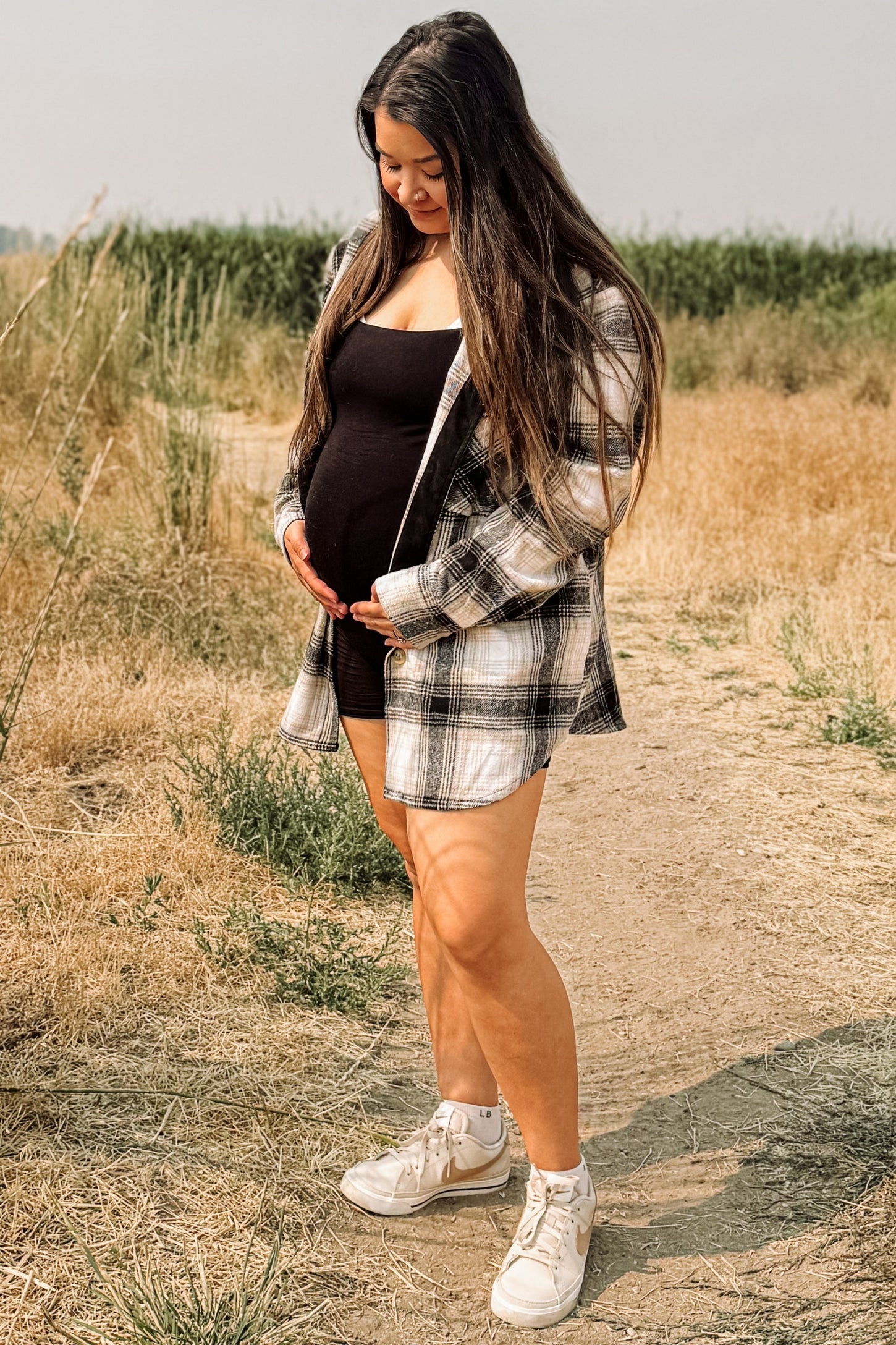 Black Soft Plaid Flannel Maternity Shacket