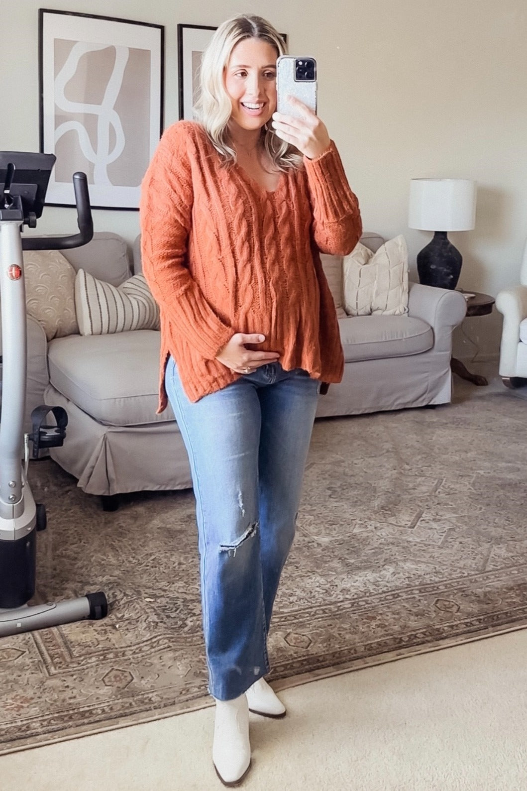 Camel V-Neck Side Slit Cable Knit Maternity Sweater