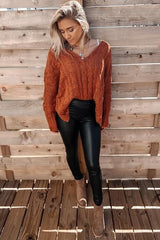 Camel V-Neck Side Slit Cable Knit Sweater