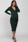 pregnant woman wearing a long sleeve dark green heathered maternity midi dress with a v-neckline