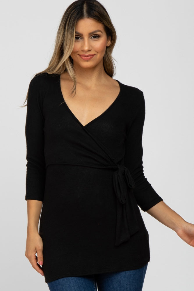 Black Brushed Knit Maternity Wrap Top