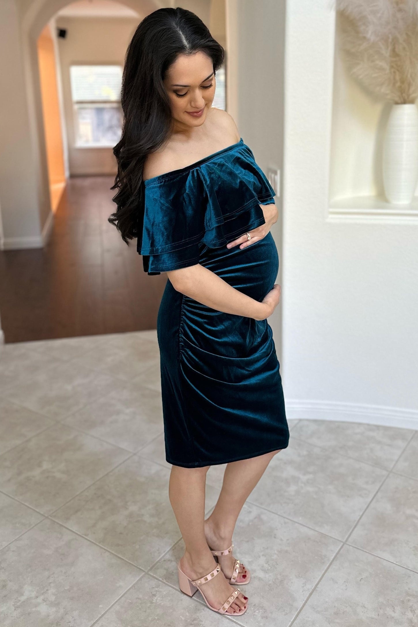 Teal Velvet Off Shoulder Fitted Maternity Dress