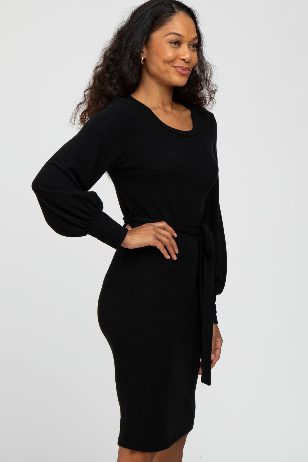 Black Soft Brushed Waist Tie Bubble Sleeve Dress