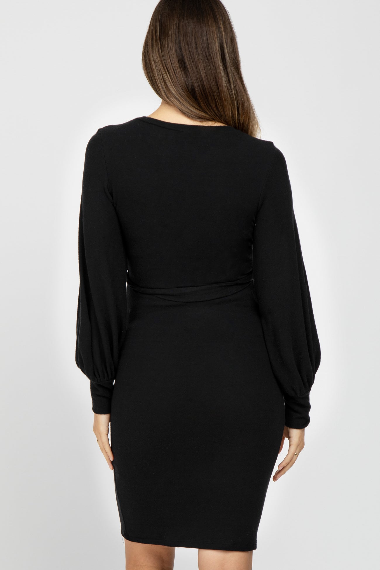 Black Soft Brushed Waist Tie Bubble Sleeve Maternity Dress