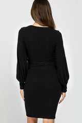 Black Soft Brushed Waist Tie Bubble Sleeve Maternity Dress