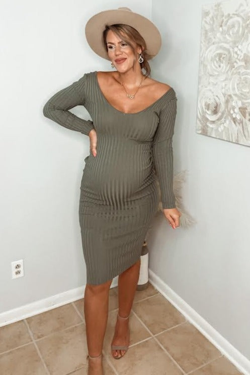 Light Olive V-Neck Long Sleeve Fitted Maternity Maxi Dress