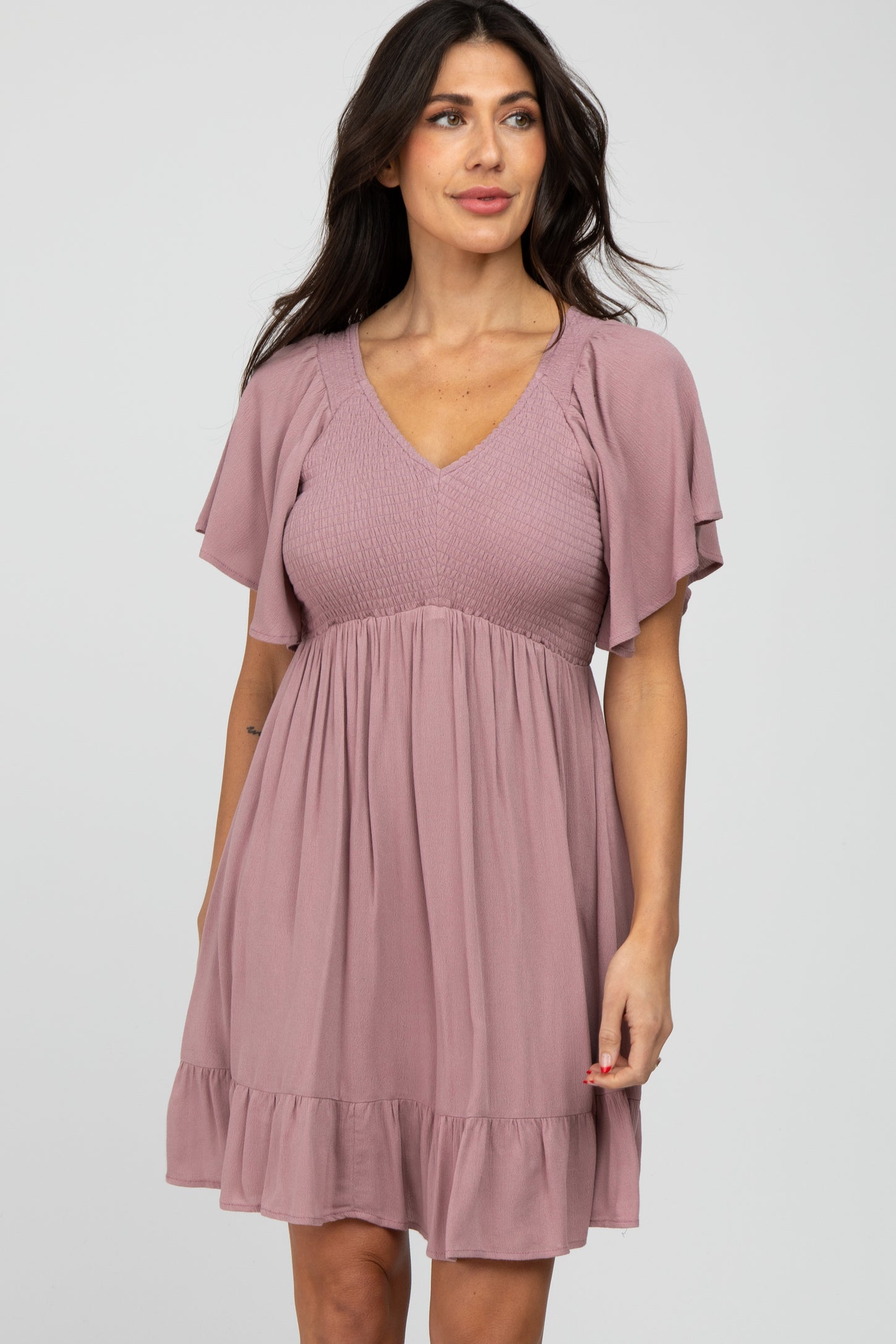 Mauve Smocked Front Ruffle Hem Maternity Dress
