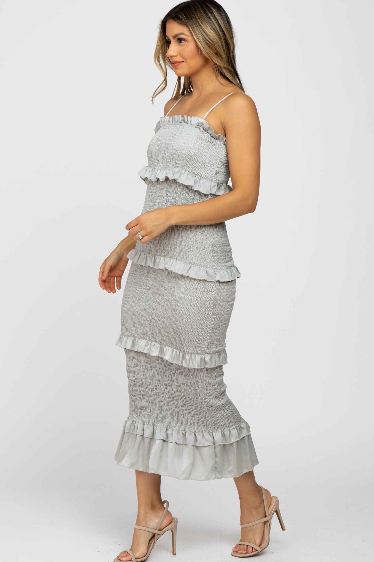 Sage Satin Smocked Fitted Midi Dress